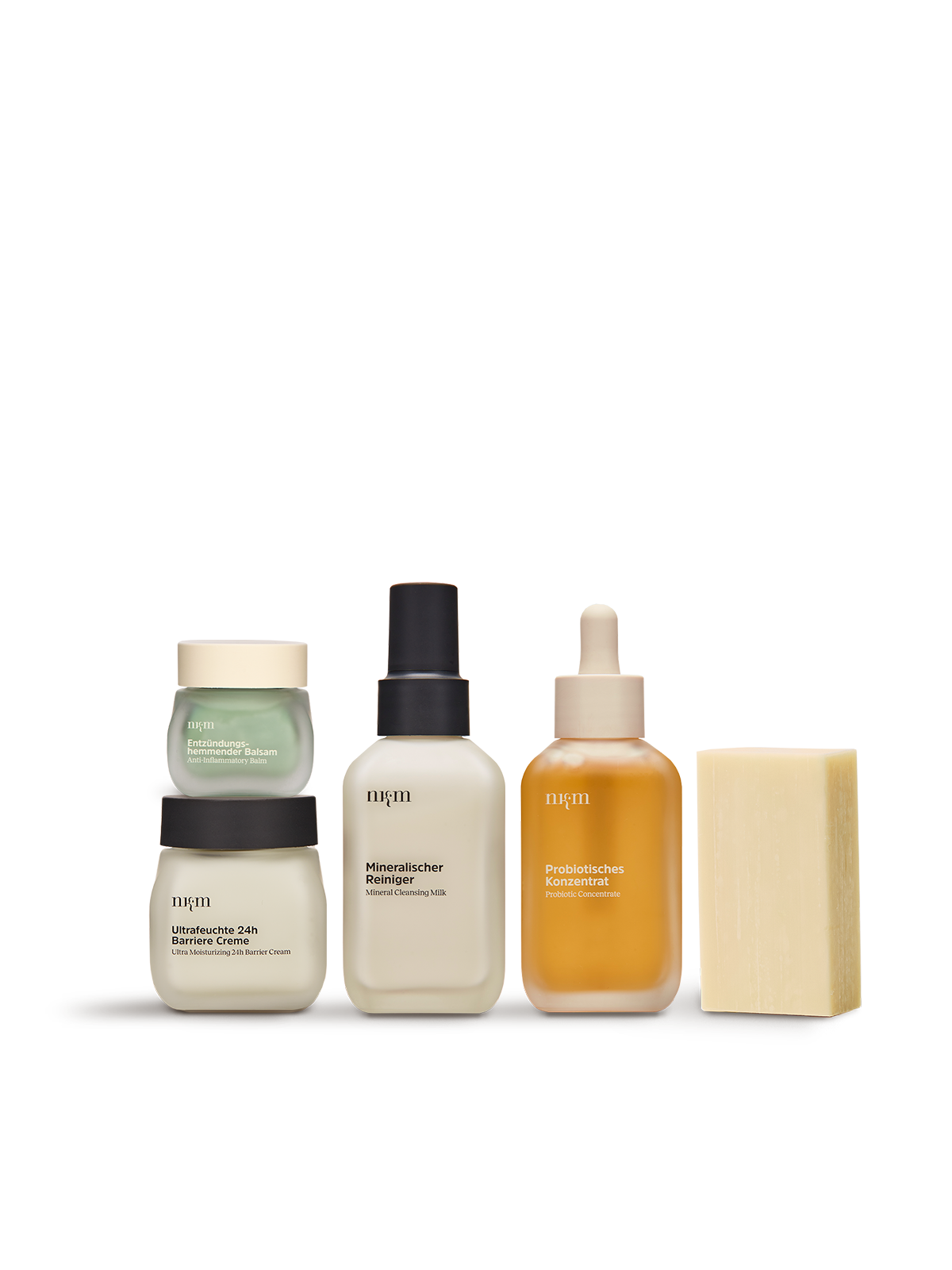 Ceramide - Barriere Set von nkm mit Entzündungshemmendem Balsam, Ultrafeuchten 24h Barriere Creme, Mineralischem Reiniger, Probiotischem Konzentratund Beruhigendem Reinigungsblock