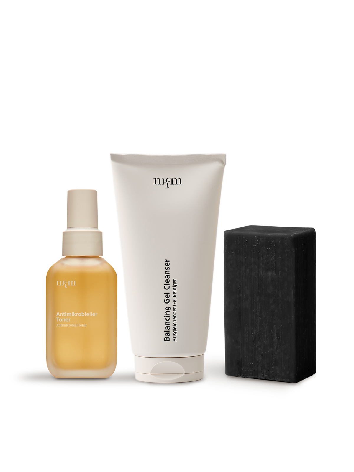 Antimikrobieller Toner, Balancing Gel Cleanser und Deep Cleansing Body Wash von nkm