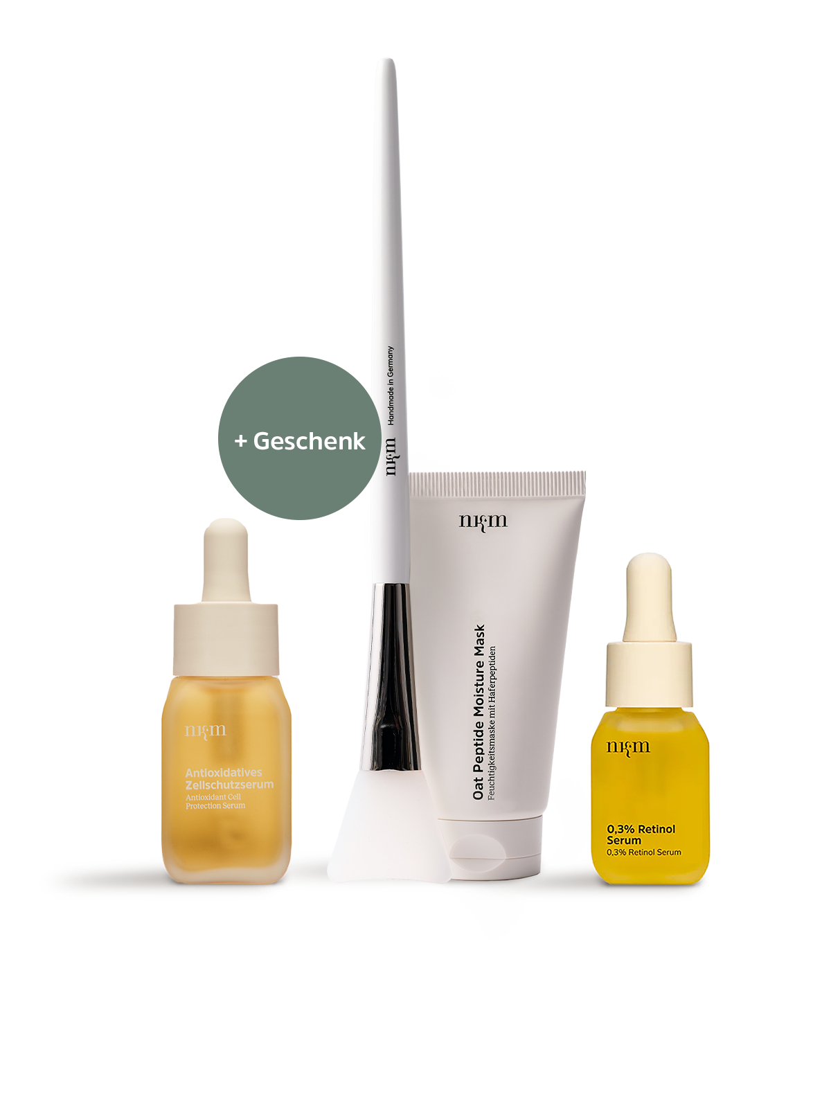Set von nkm mit folgenden Produkten: Antioxidatives Zellschutzserum, Oat Peptide Moisture Mask, 0,3 % Retinol Serum und Pinsel