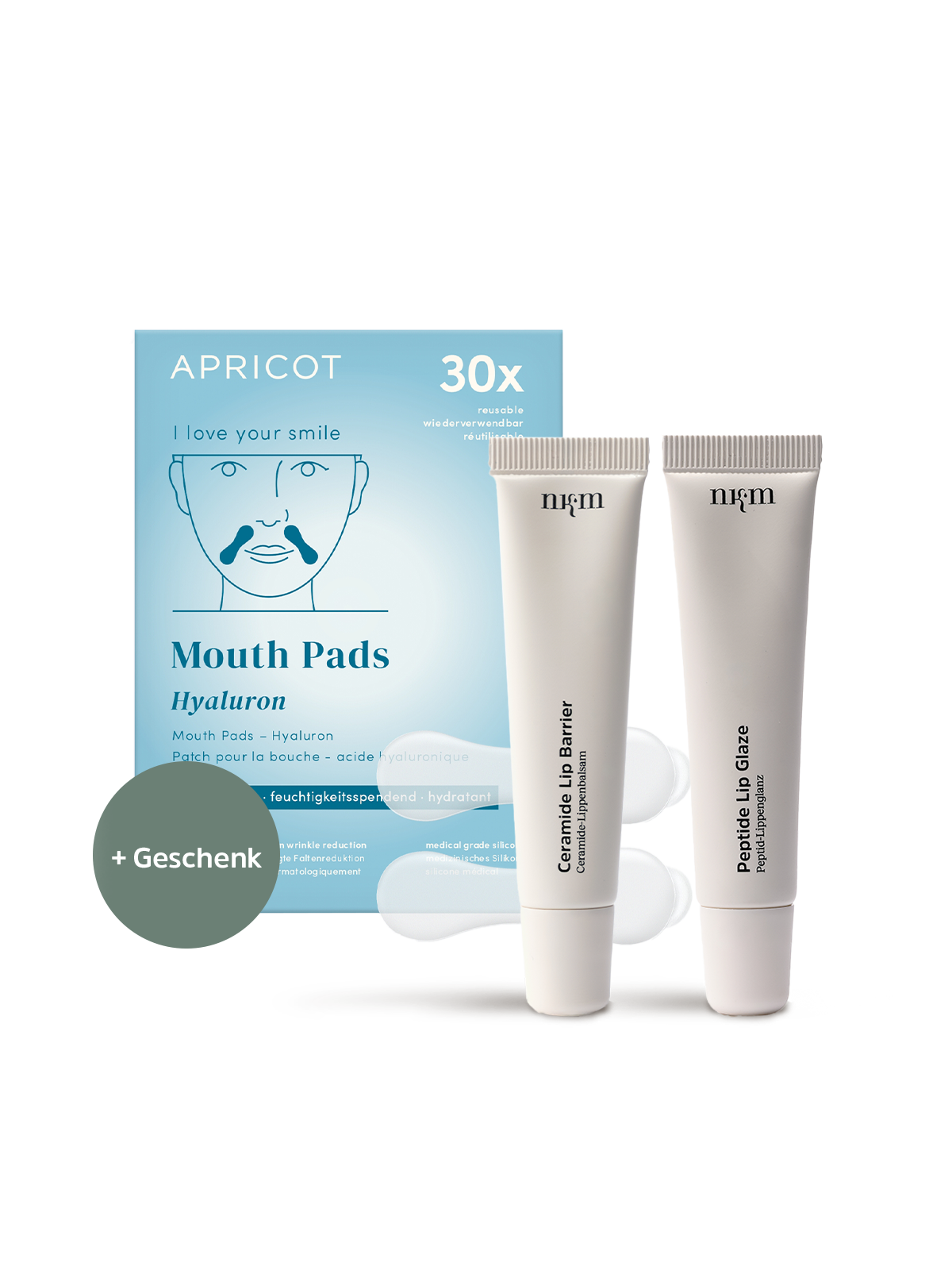 Ceramide Lip Barrier und Peptide Lip Glaze von nkm und Mouth Pads von APRICOT