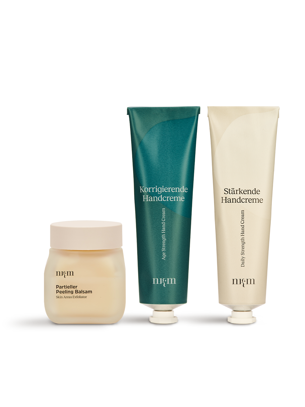 Partieller Peeling Balsam, Korrigierende Handcreme und Stärkende Handcreme von nkm vor transparentem Hintergrund