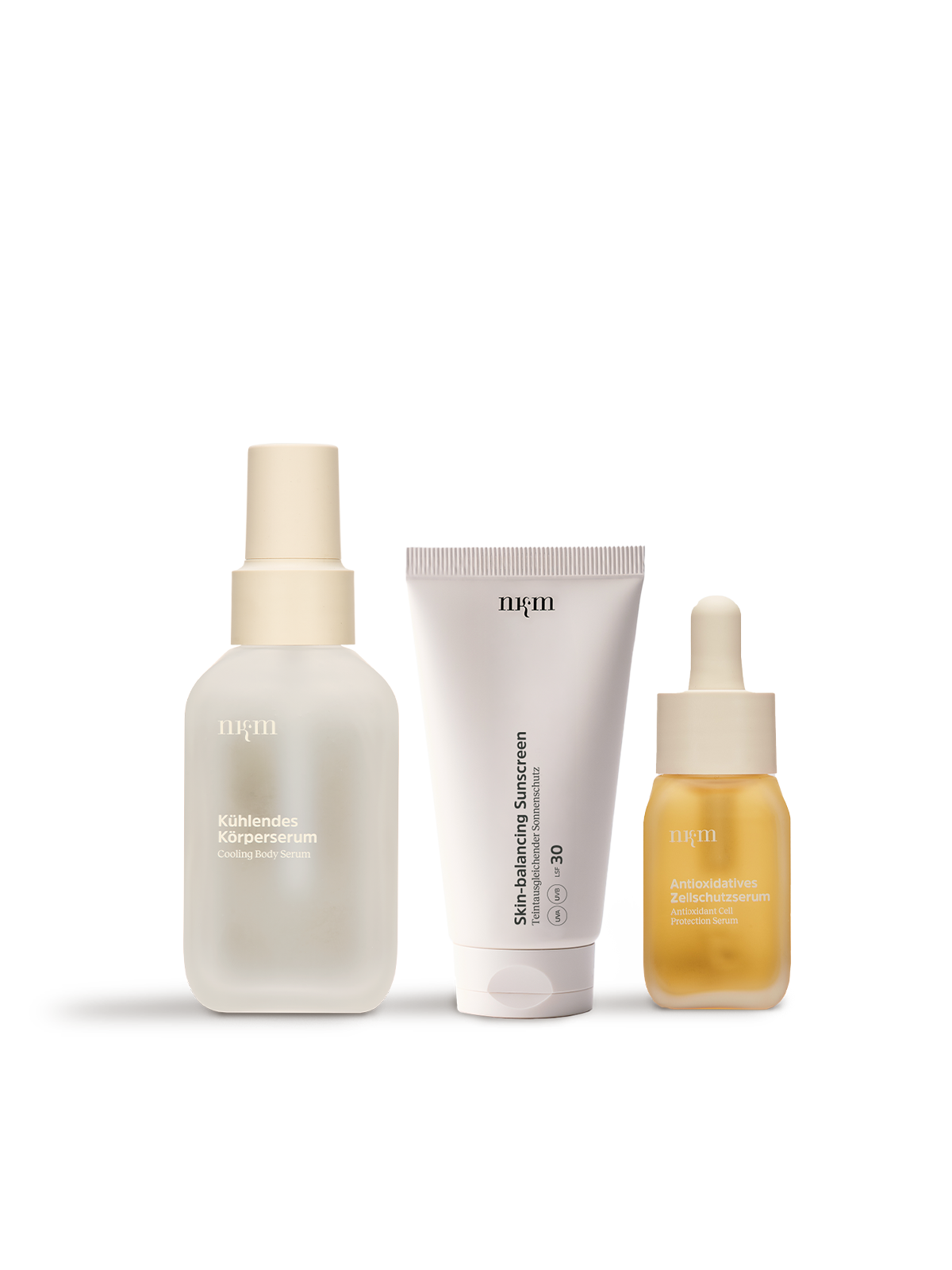 Set von nkm mit Kühlenden Körperserum, Skin-balancing Sunscreen und Antioxidativen Zellschutzserum