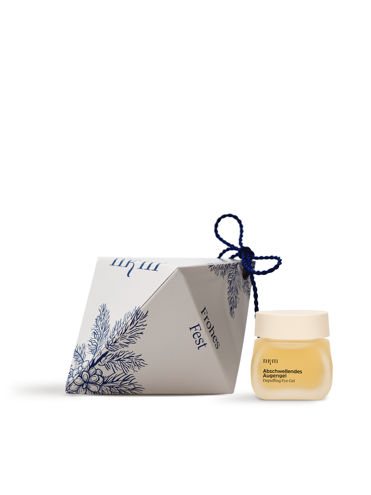 Weihnachtliches Ornament mit blauen, gemalten Zweigen, daneben das Abschwellende Augengel von nkm