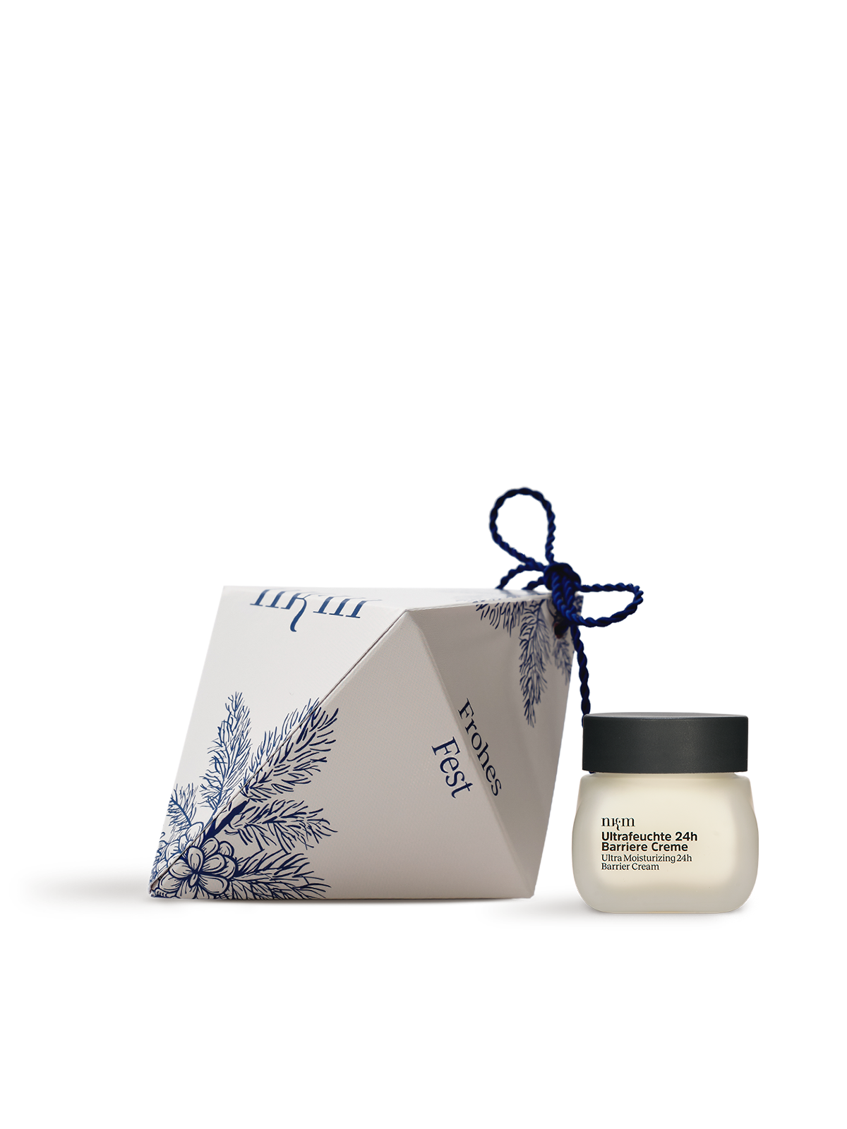 Weihnachtliches Ornament mit blauen, gemalten Zweigen, daneben die Ultrafeuchte 24h Barriere Creme von nkm