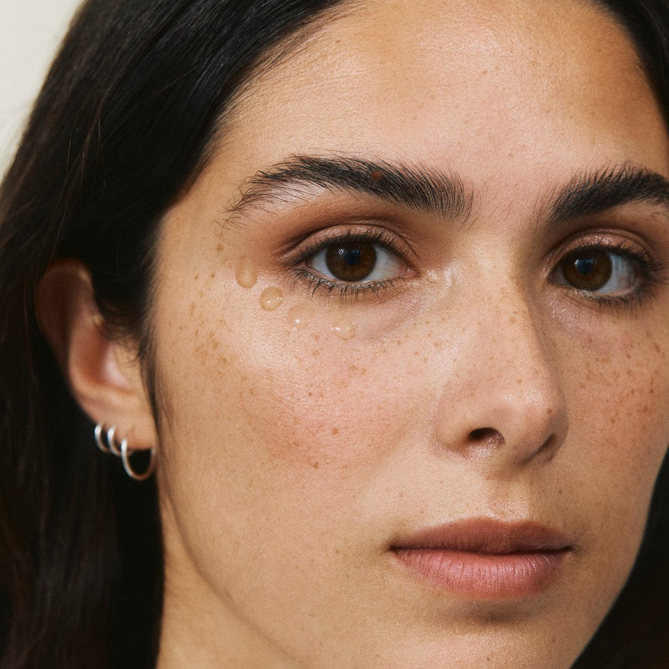 Model mit dem Augengel von nkm unter die Augen getupft