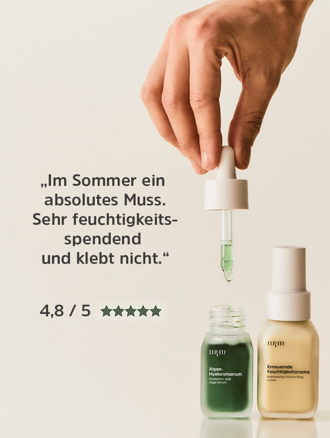 Algen-Hyaluronserum und Erneuernde Feuchtigkeitscreme neben Kundenrevew