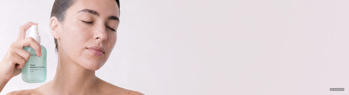 Frau sprüht den Pore Refining Toner ins Gesicht