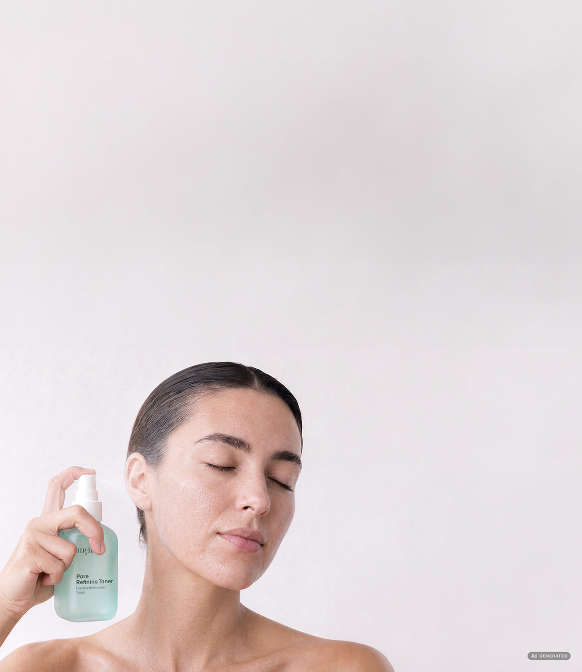 Frau sprüht den Pore Refining Toner ins Gesicht