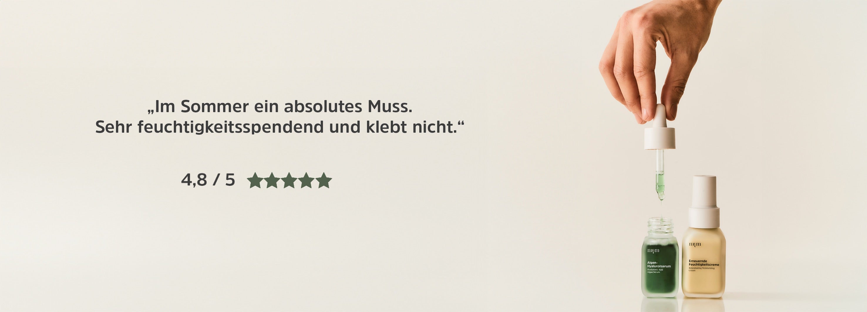 Algen-Hyaluronserum und Erneuernde Feuchtigkeitscreme neben Kundenreview