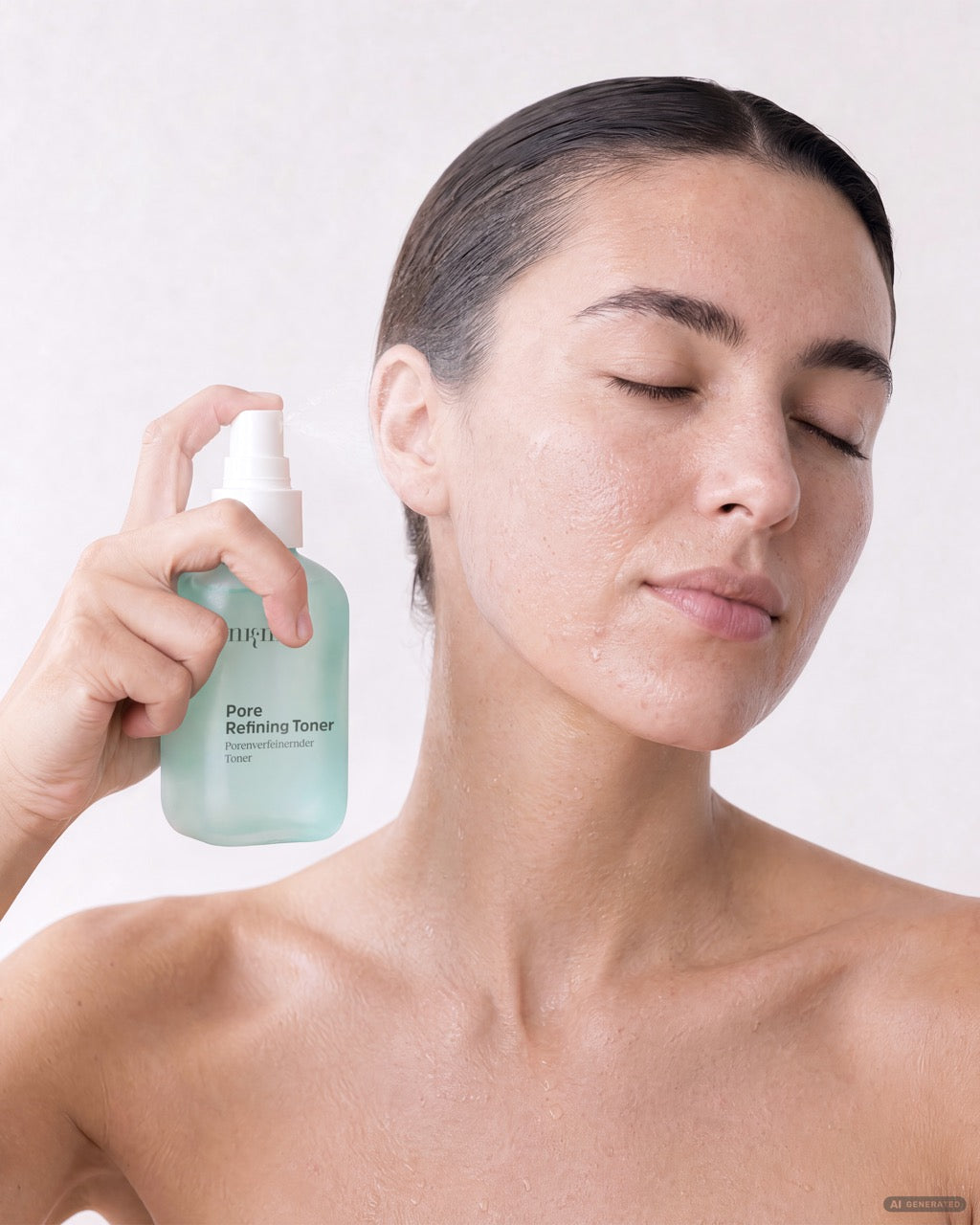 Frau sprüht sich den Pore Refining Toner ins Gesicht