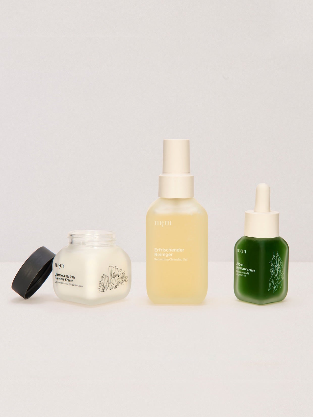 Ultrafeuchte 24h Barriere Creme, Erfrischender Reiniger und Algen-Hyaluronserum