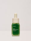 Eine grüne Glastropfflasche mit der Aufschrift Algen-Hyaluronserum von nkm Naturkosmetik München GmbH mit weißem Verschluss, mit Algen und Hyaluron zur Unterstützung der Hautelastizität.