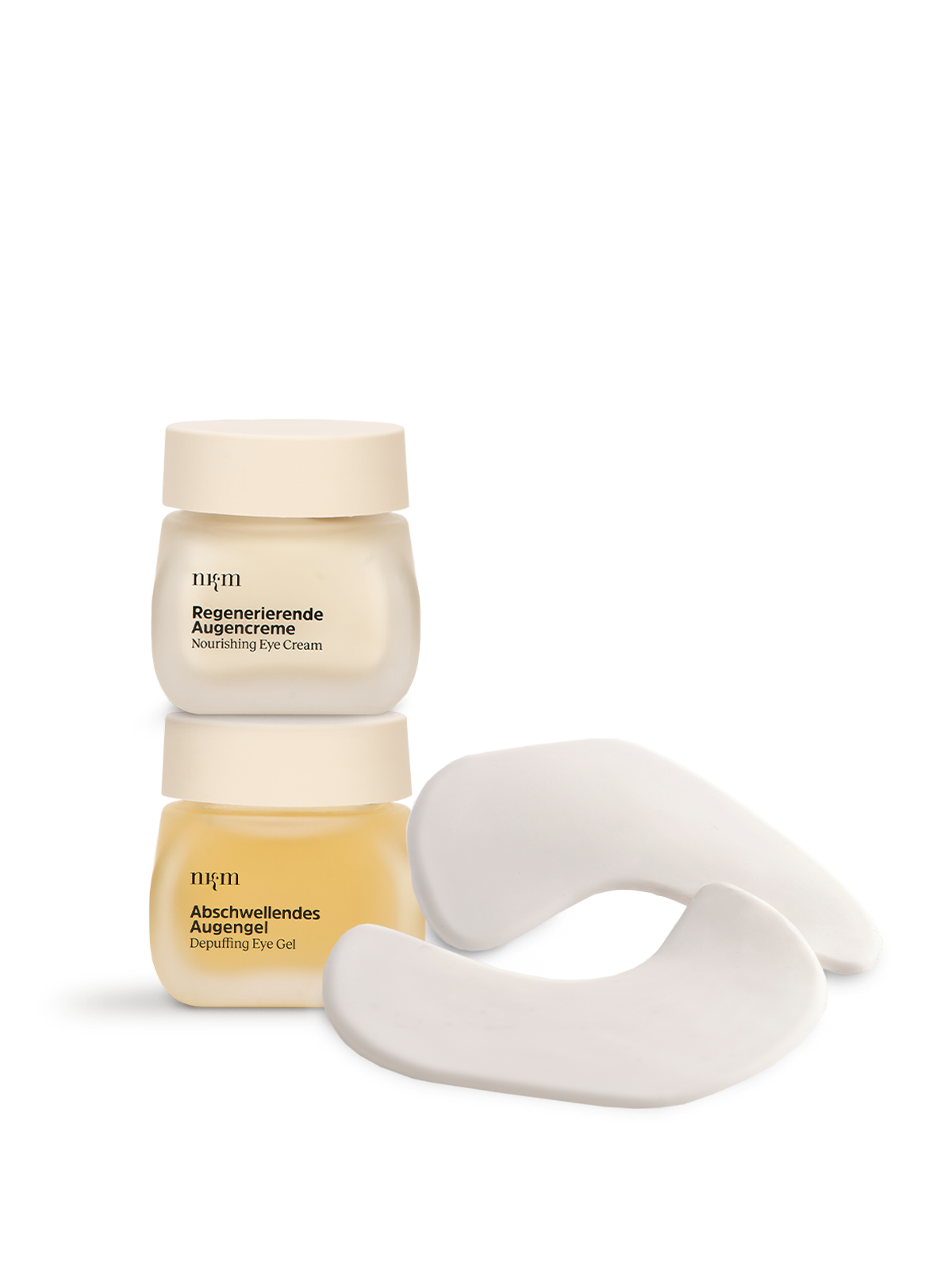 Die Regenerierende Augencreme, das Abschwellende Augengel und die Wiederverwendbaren Augen-Schläfen-Pads von nkm