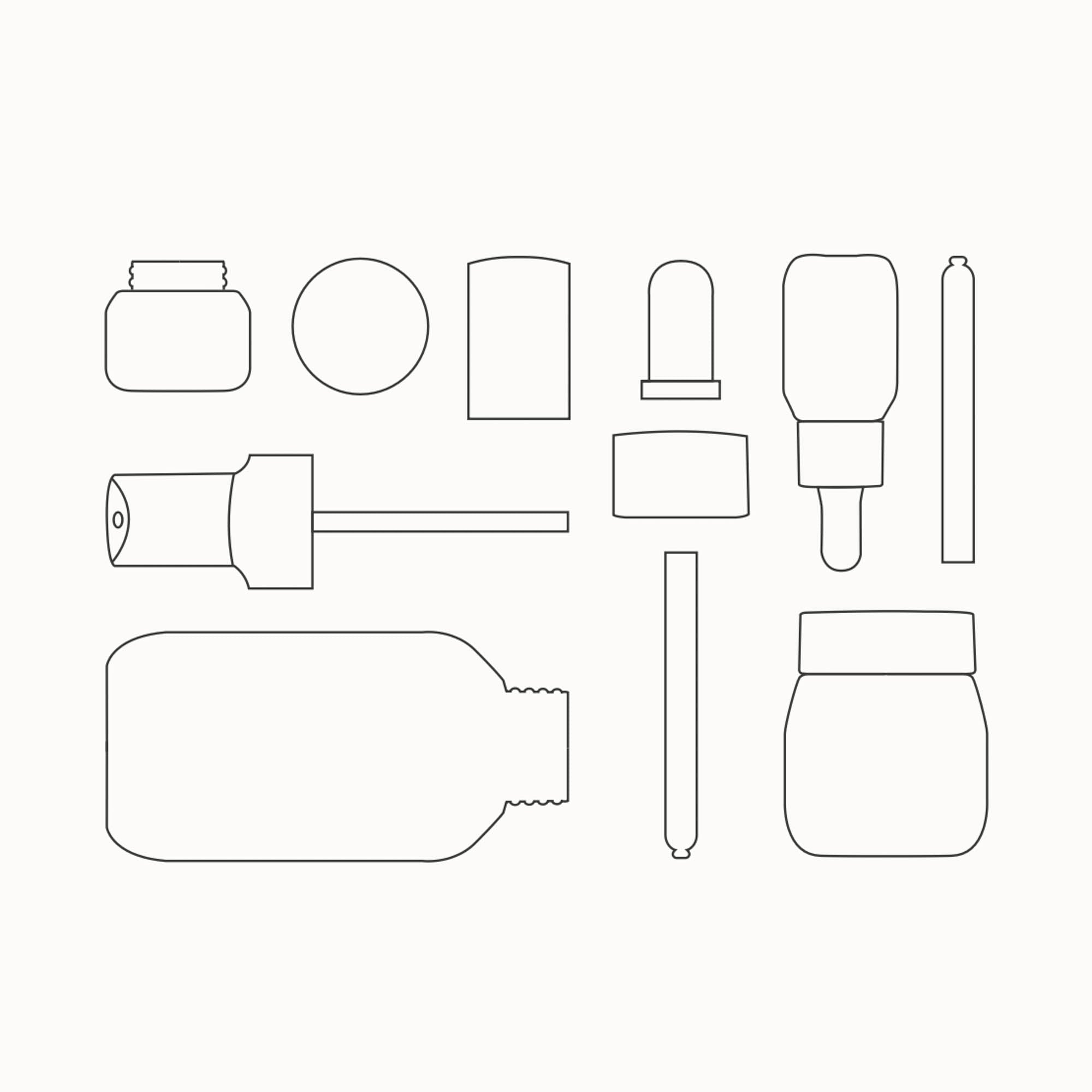 Zeichnungen verschiedener Kosmetikverpackungen von nkm. Glastiegel, Flaschen und Pipetten.