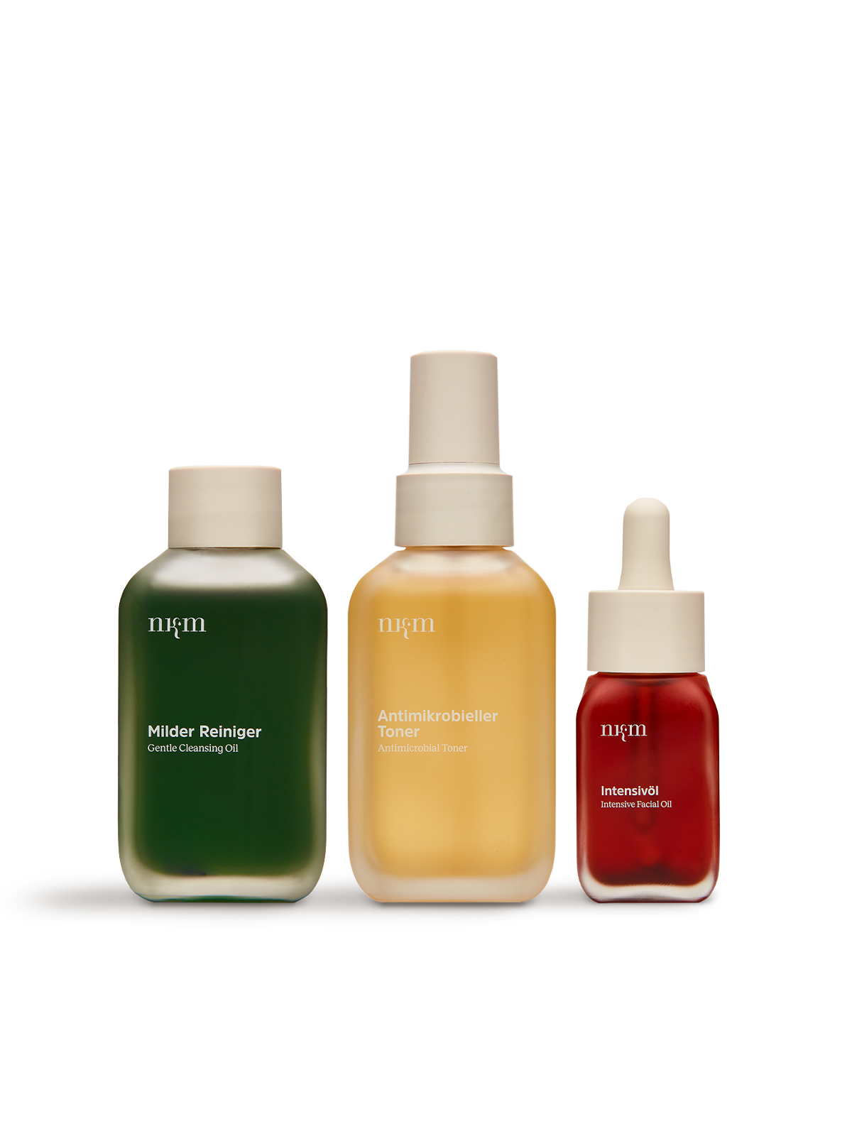 Angeordnete Produkte von nkm: Milder Reiniger, Antimikrobieller Toner und Intensivöl