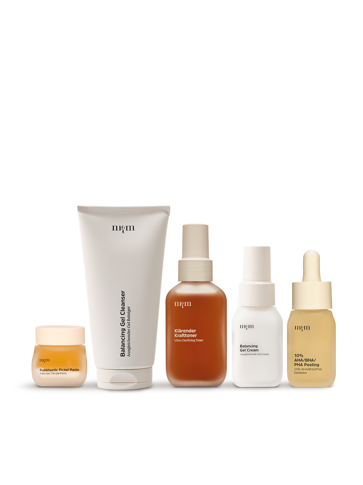 Niacinamid - Hautverfeinerung Set von nkm mit Punktueller Pickel Paste, Balancing Gel Cleanser, Klärendem Krafttoner, Balancing Gel Cream und 10 % AHA/BHA/PH Peeling