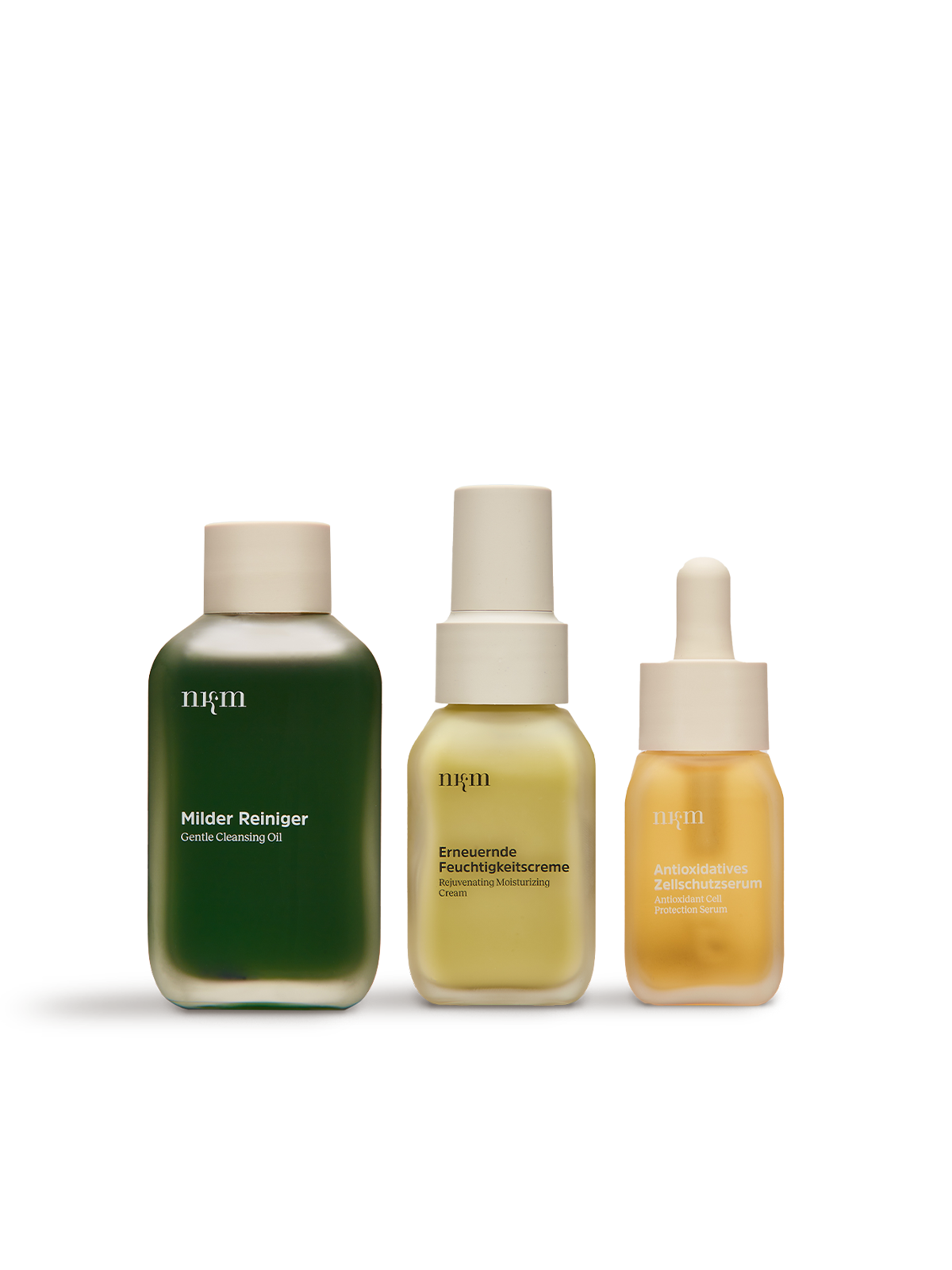 Milder Reiniger, Erneuernde Feuchtigkeitscreme und Antioxidatives Zellschutzserum von nkm