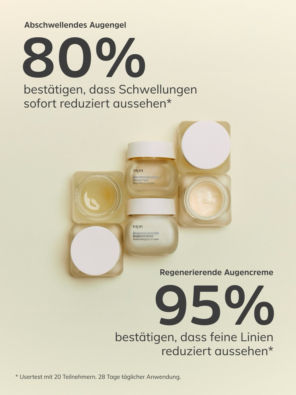Werbung zur Augengel Studie von nkm mit Augencreme Tiegeln im Hintergrund