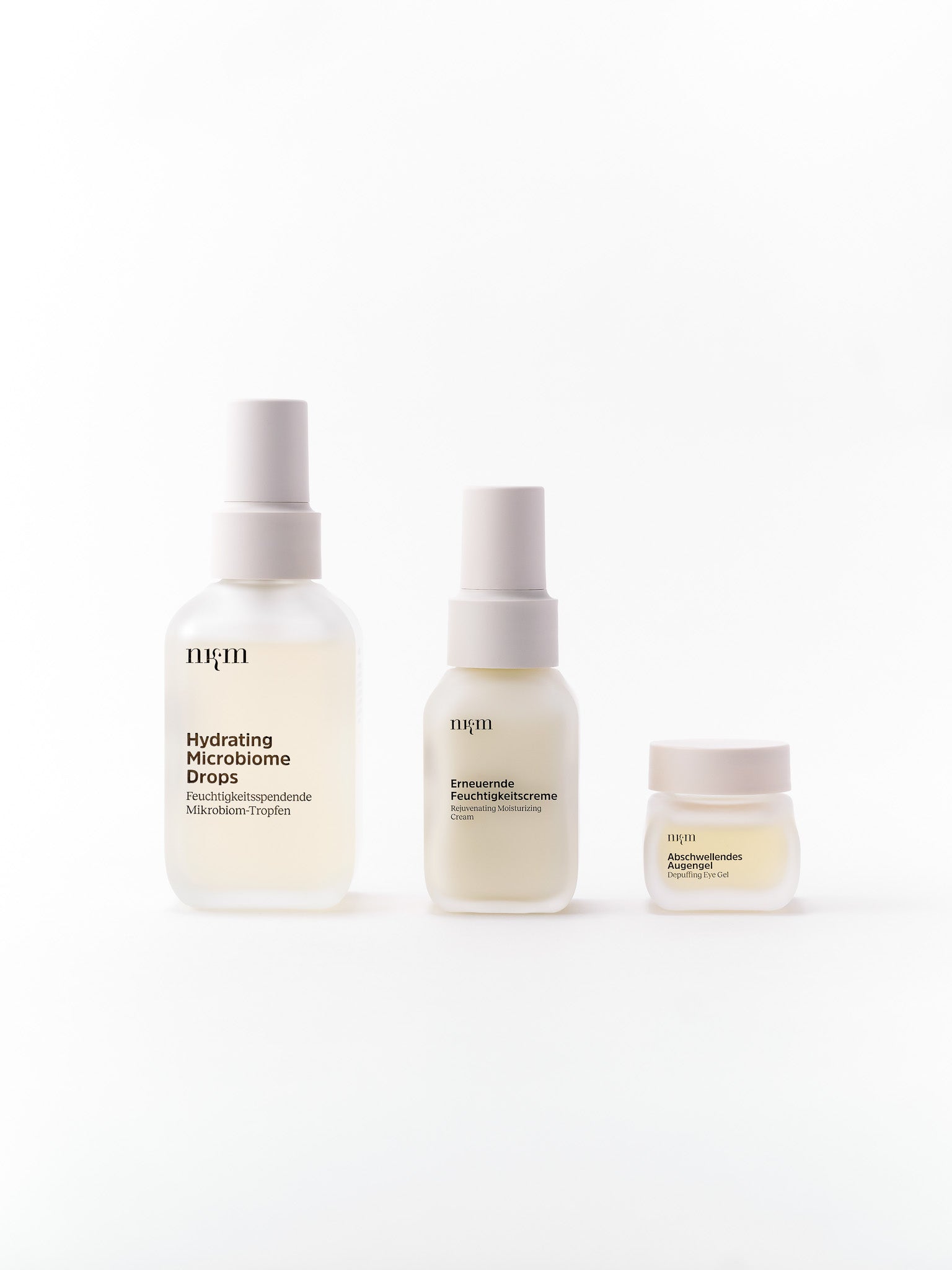 Hydrating Microbiome Drops, Erneuernde Feuchtigkeitscreme und Abschwellendes Augengel von nkm.