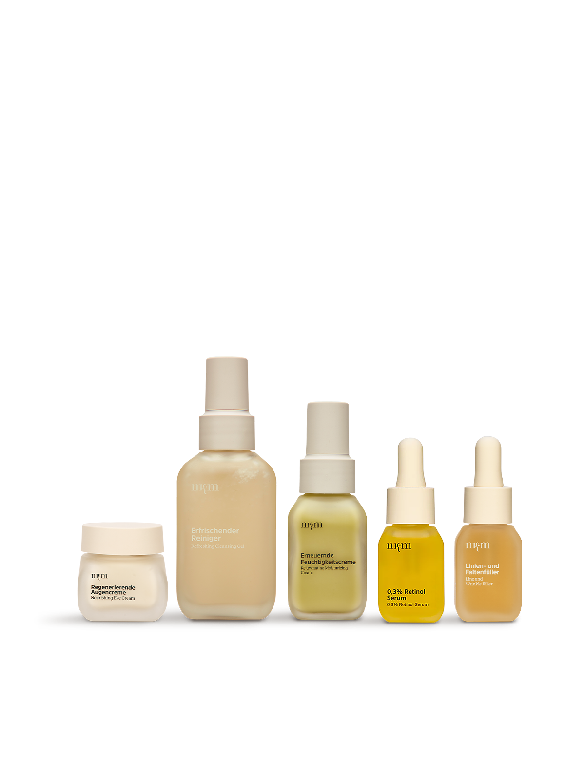 Retinol – Hauterneuerung Set von nkm mit Regenerierender Augencreme, Erfrischendem Reiniger, Erneuernder Feuchtigkeitscreme, 0,3 % Retinol Serum und Linien- und Faltenfüller