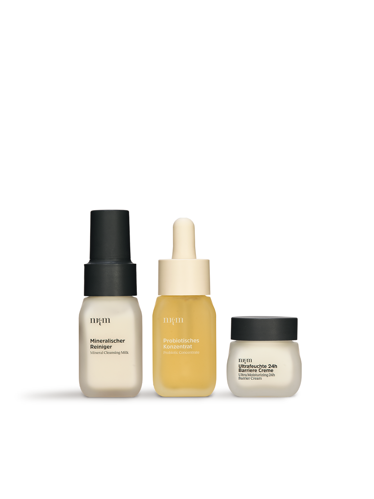 Mineralischer Reiniger, Probiotisches Konzentrat und Ultrafeuchte 24h Barriere Creme von nkm in Reisegrößen