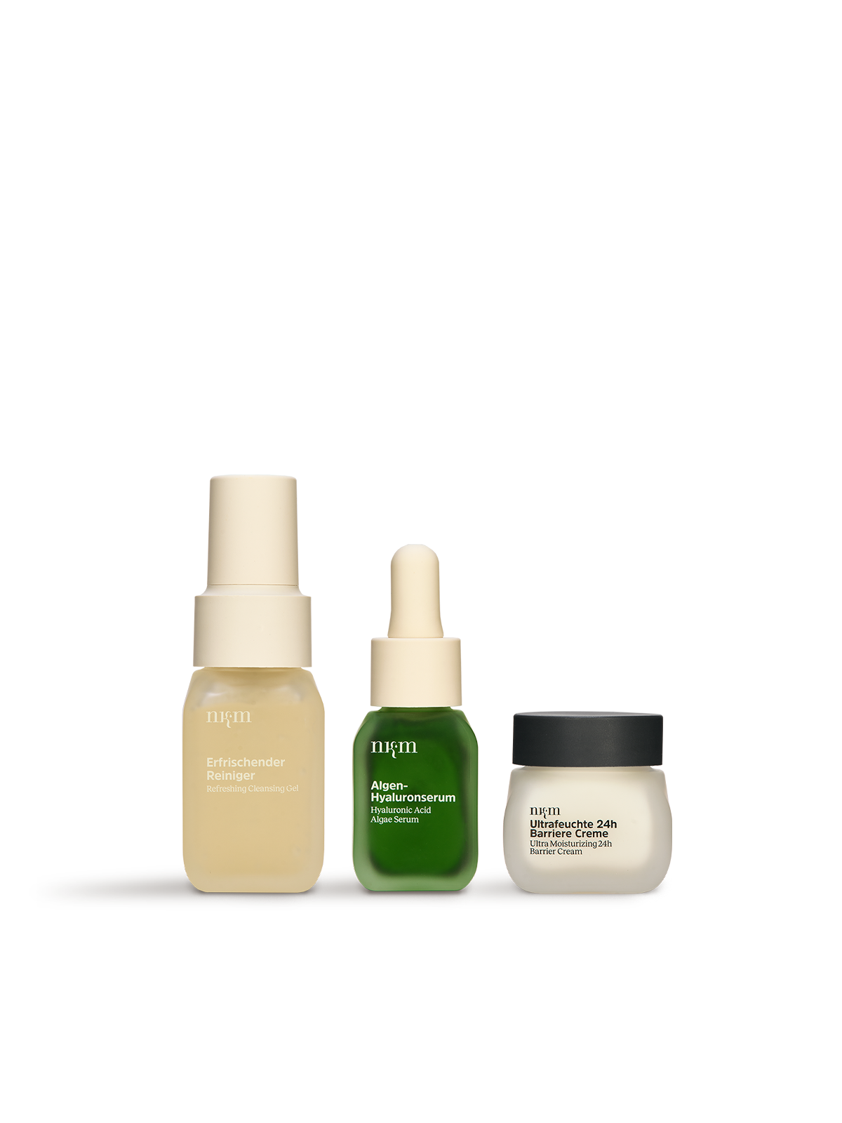 Erfrischender Reiniger, Algen-Hyaluronserum und Ultrafeuchte 24h Barriere Creme von nkm in Reisegrößen