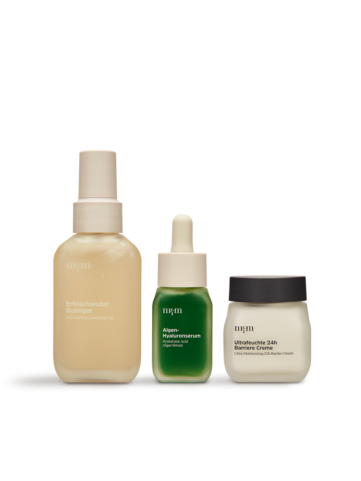 Erfrischender Reiniger, Algen-Hyaluronserum und Ultrafeuchte 24h Barriere Creme von nkm