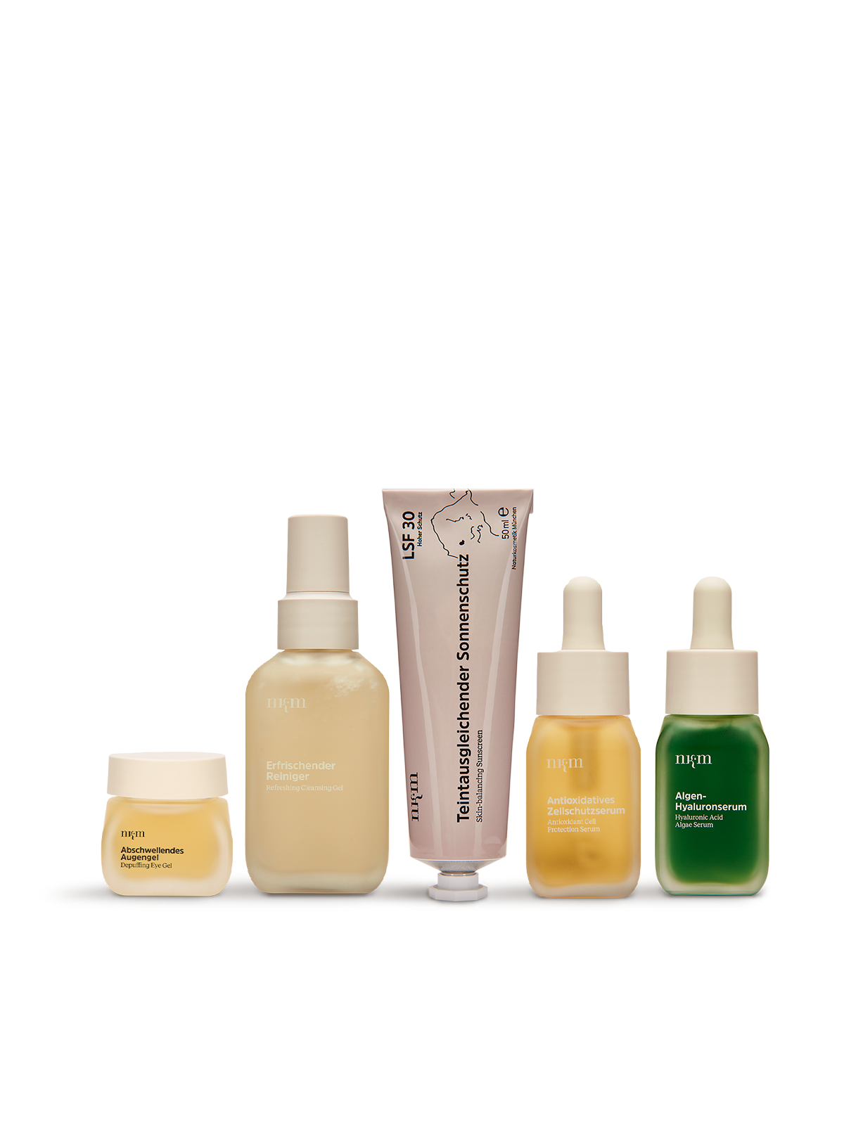 Vitamin-C - Ausstrahlung Set von nkm mit dem Abschwellenden Augengel, Erfrischenden Reiniger, Teintausgleichendem Sonnenschutz, Antioxidativen Zellschutzserum und Algen-Hyaluronserum