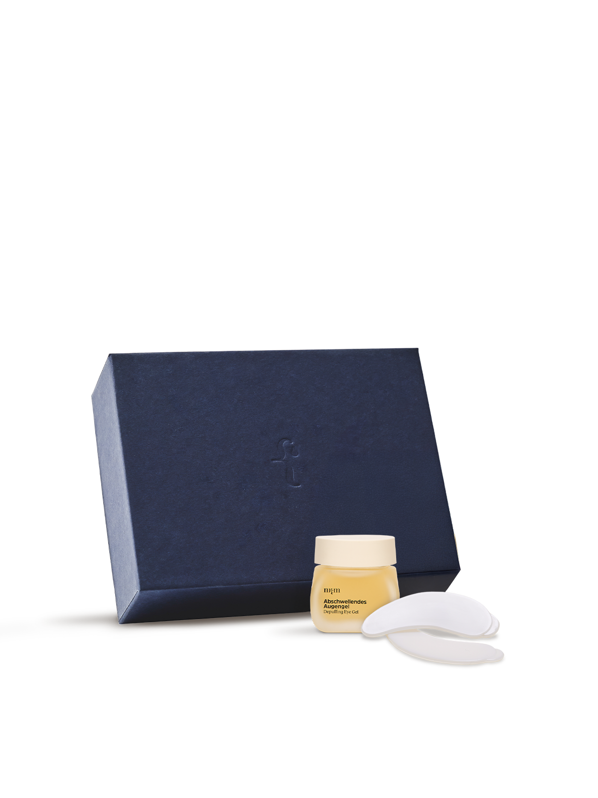 Blaue nkm Box mit Abschwellendem Augengel und Wiederverwendbaren Augenpads davor, vor transparentem Hintergrund